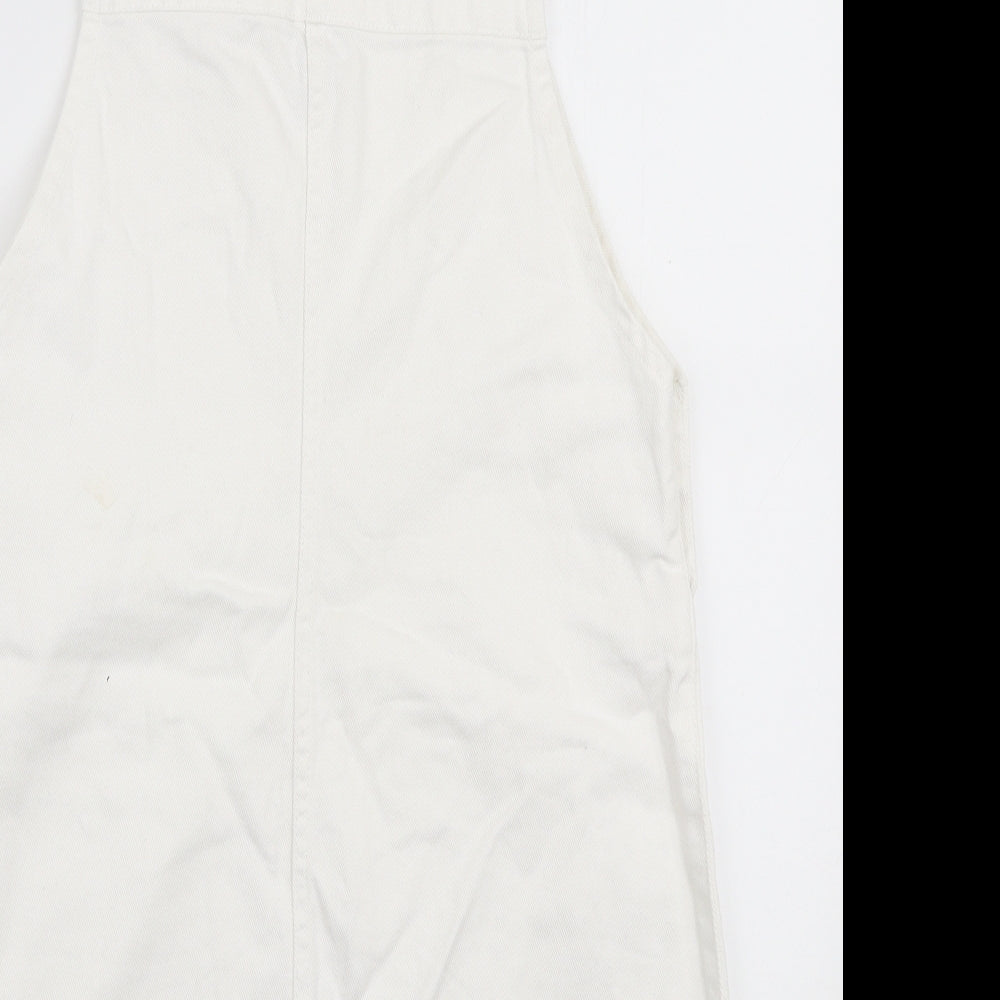 H&M Womens White Cotton Pinafore/Dungaree Dress Size L Square Neck Button - Distressed Edge