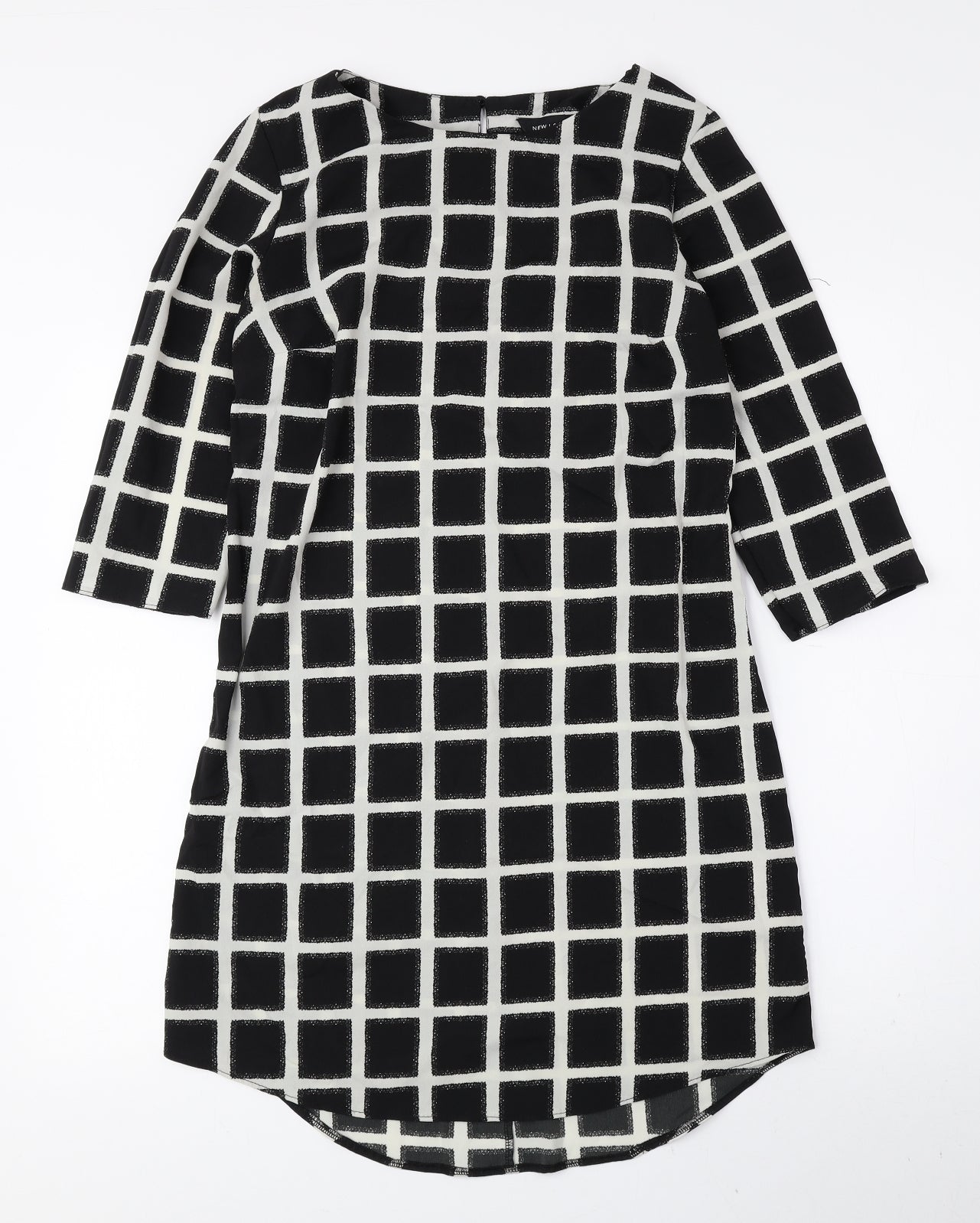 New Look Womens Black Check Polyester A-Line Size 8 Round Neck Button