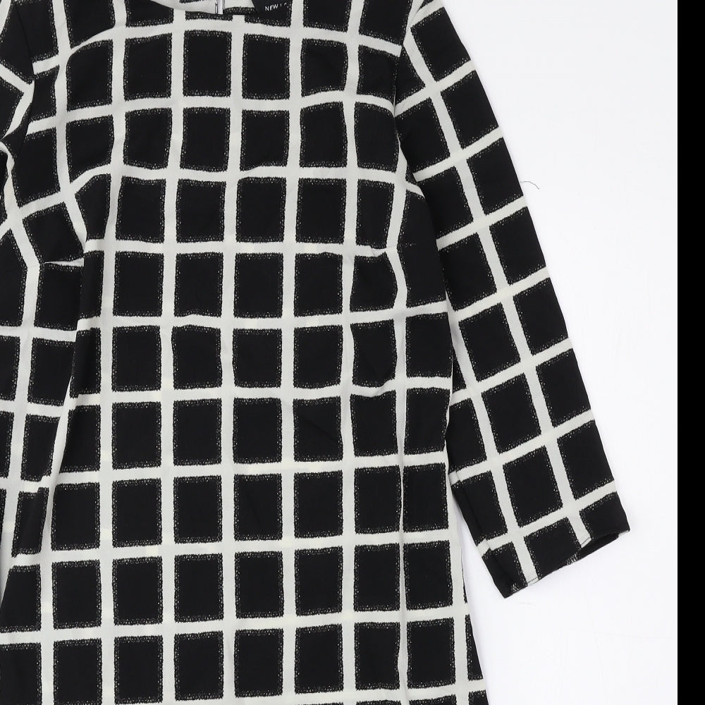 New Look Womens Black Check Polyester A-Line Size 8 Round Neck Button