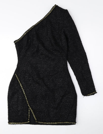 Zara Womens Black Acrylic Bodycon Size 4 One Shoulder Zip