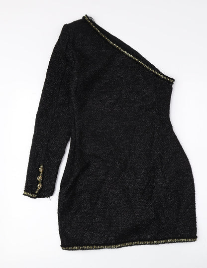 Zara Womens Black Acrylic Bodycon Size 4 One Shoulder Zip