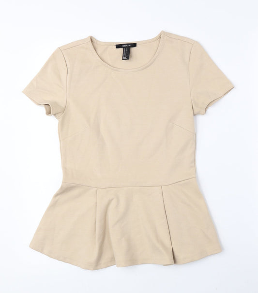FOREVER 21 Womens Beige Polyester Basic Blouse Size S Crew Neck