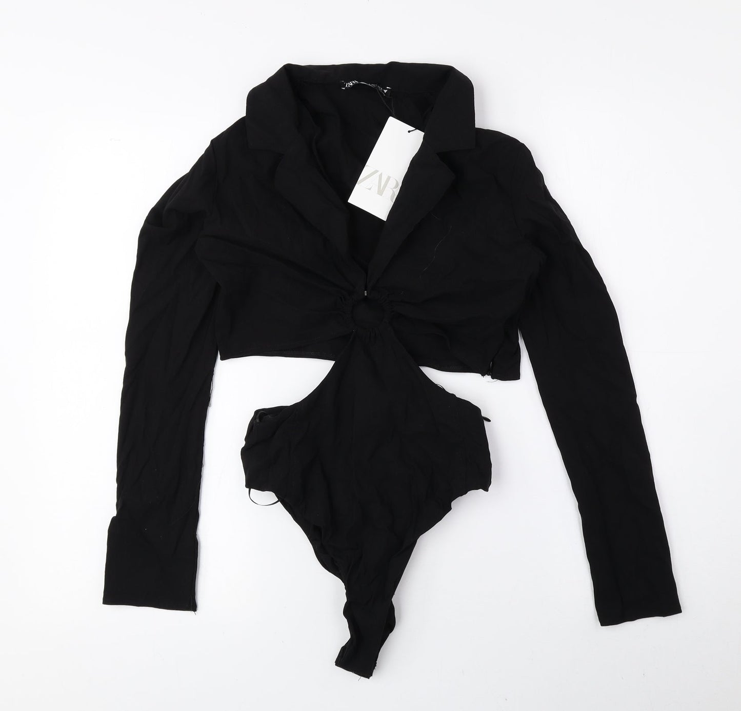 Zara Womens Black Polyester Bodysuit One-Piece Size S Snap