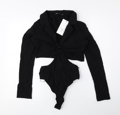 Zara Womens Black Polyester Bodysuit One-Piece Size S Snap