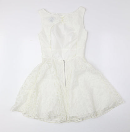 ASOS Womens Ivory Geometric Polyester Fit & Flare Size 8 Boat Neck Zip - Petite
