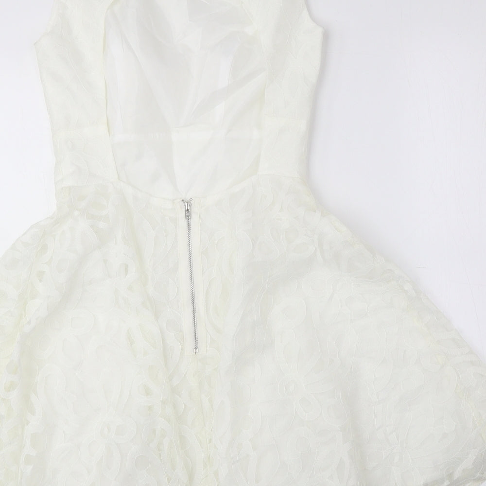 ASOS Womens Ivory Geometric Polyester Fit & Flare Size 8 Boat Neck Zip - Petite