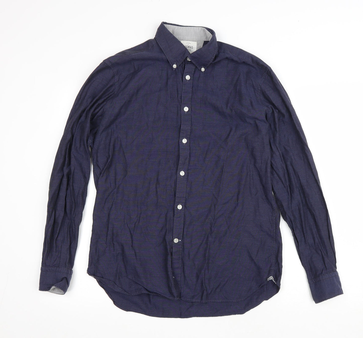 Thomas Mayes Mens Blue Polyester Button-Up Size M Collared Button