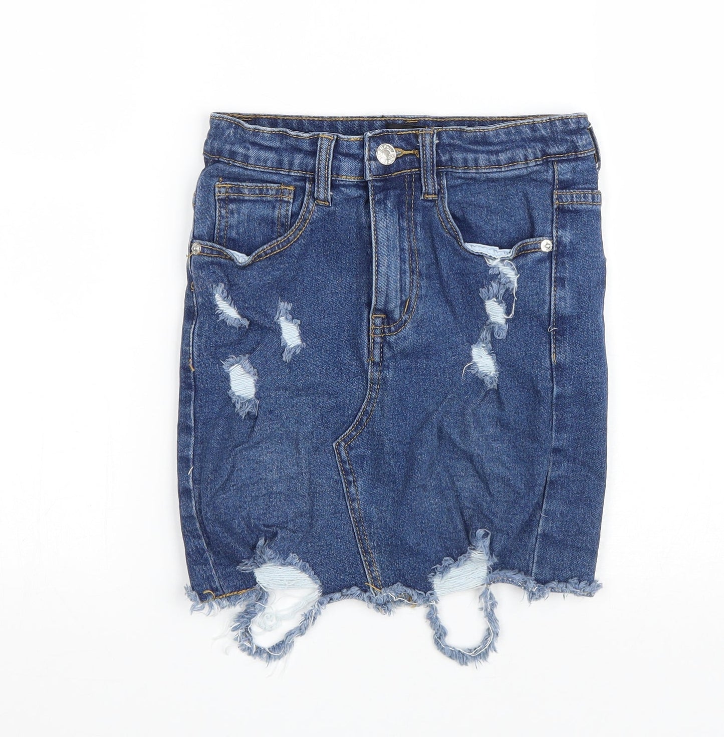 PRETTYLITTLETHING Womens Blue Polyester Mini Skirt Size 6 Zip - Distressed