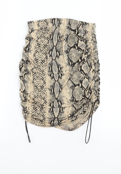 PRETTYLITTLETHING Womens Brown Animal Print Polyester Mini Skirt Size 8 Drawstring - Ruched