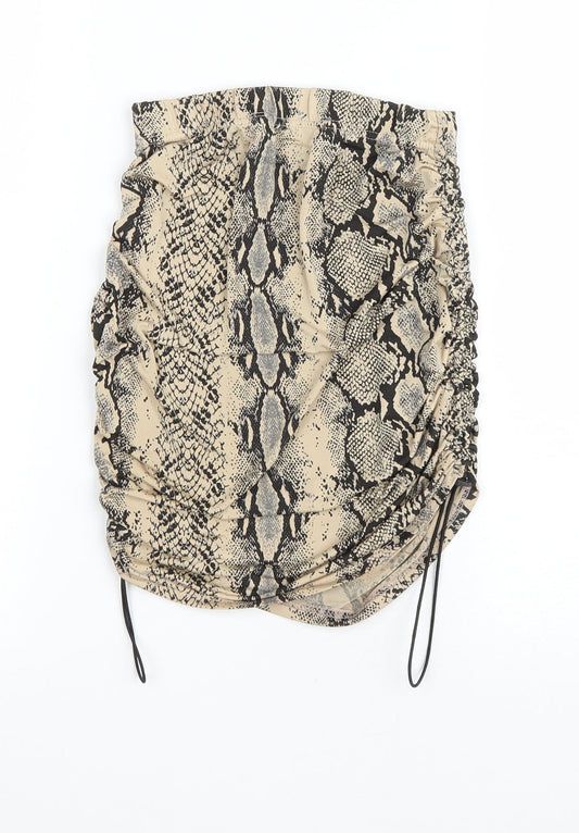 PRETTYLITTLETHING Womens Brown Animal Print Polyester Mini Skirt Size 8 Drawstring - Ruched