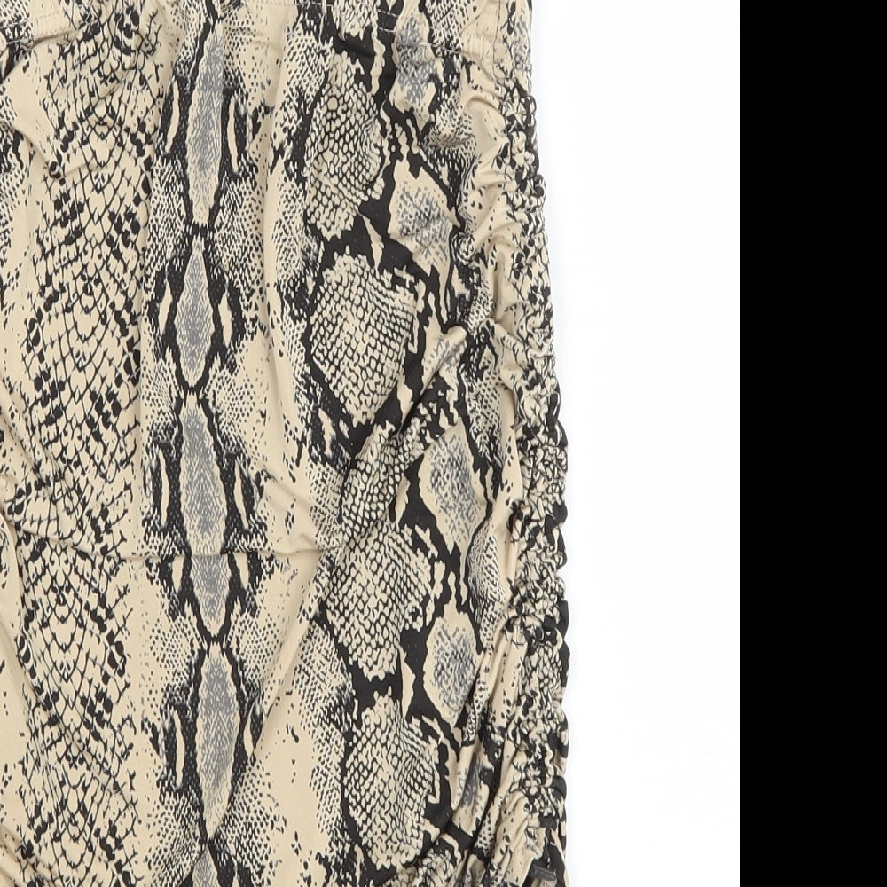 PRETTYLITTLETHING Womens Brown Animal Print Polyester Mini Skirt Size 8 Drawstring - Ruched