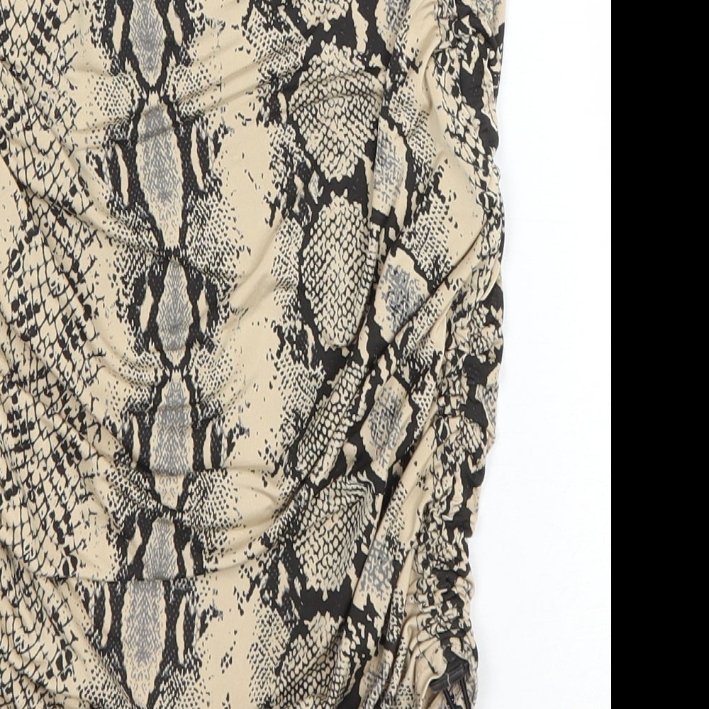 PRETTYLITTLETHING Womens Brown Animal Print Polyester Mini Skirt Size 8 Drawstring - Ruched