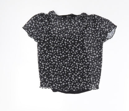 New Look Girls Black Floral Polyester Cropped T-Shirt Size 12-13 Years Round Neck Pullover