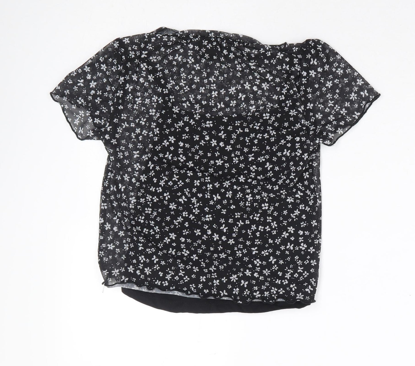 New Look Girls Black Floral Polyester Cropped T-Shirt Size 12-13 Years Round Neck Pullover