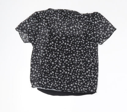 New Look Girls Black Floral Polyester Cropped T-Shirt Size 12-13 Years Round Neck Pullover
