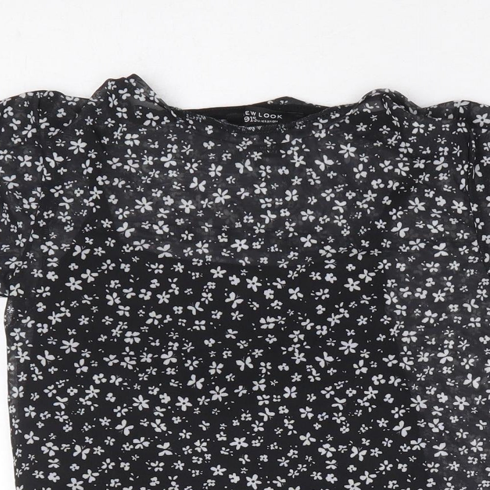 New Look Girls Black Floral Polyester Cropped T-Shirt Size 12-13 Years Round Neck Pullover