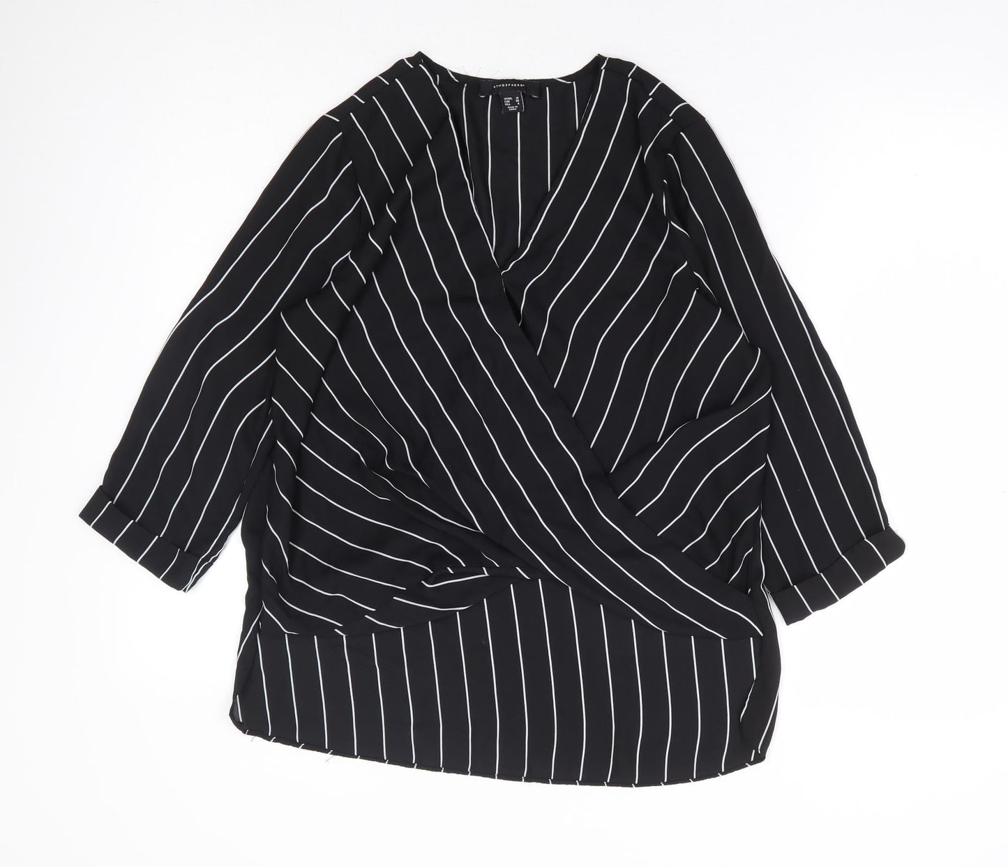 Primark Womens Black Striped Polyester Basic Blouse Size 10 V-Neck