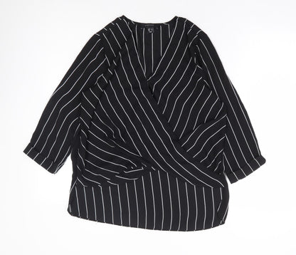Primark Womens Black Striped Polyester Basic Blouse Size 10 V-Neck