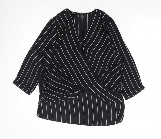 Primark Womens Black Striped Polyester Basic Blouse Size 10 V-Neck