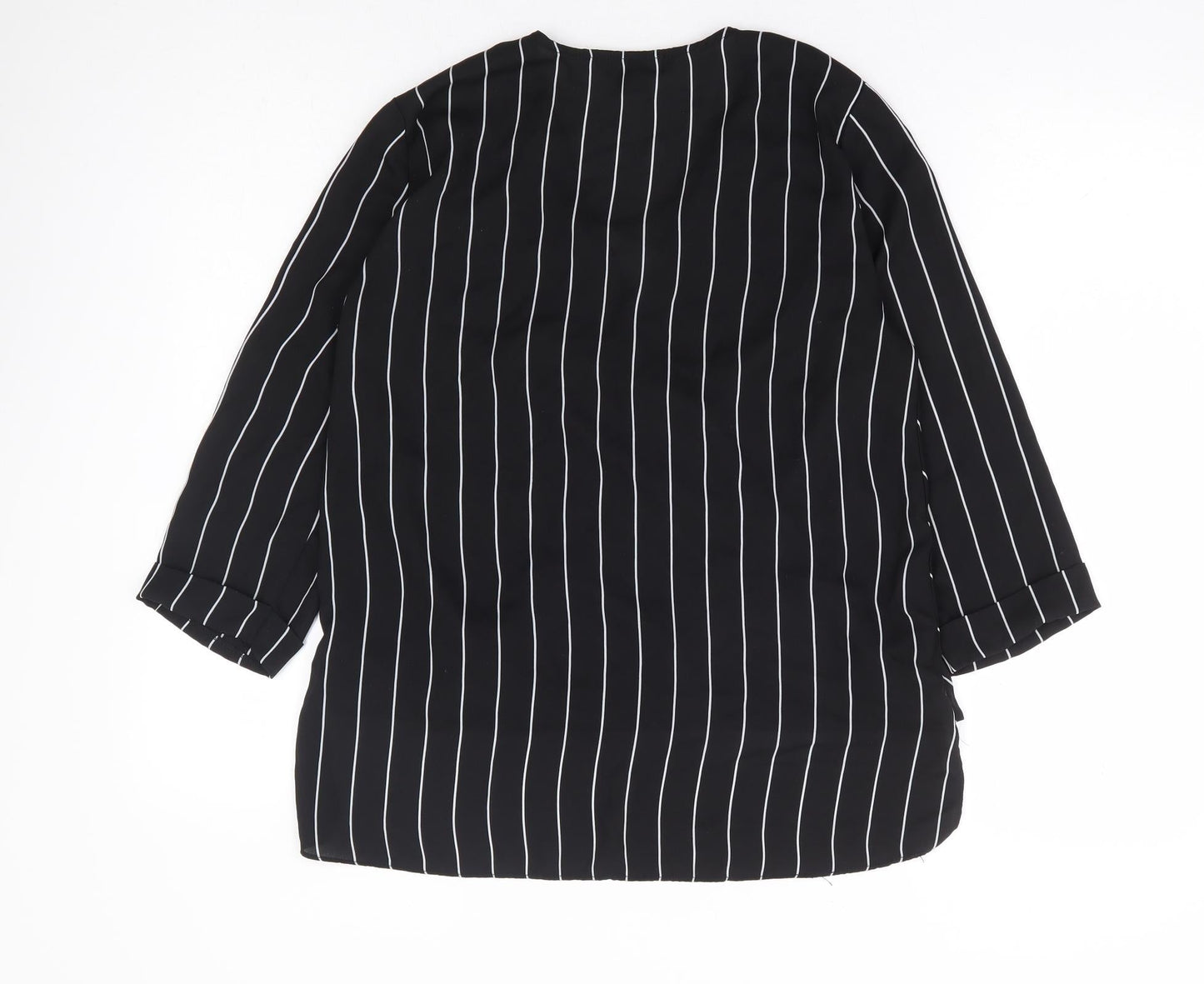 Primark Womens Black Striped Polyester Basic Blouse Size 10 V-Neck