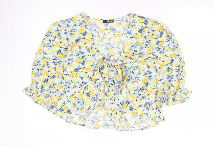 Quiz Womens Blue Floral Polyester Basic Blouse Size 14 V-Neck - Tie Front
