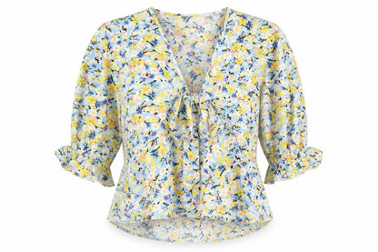 Quiz Womens Blue Floral Polyester Basic Blouse Size 14 V-Neck - Tie Front