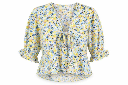Quiz Womens Blue Floral Polyester Basic Blouse Size 14 V-Neck - Tie Front