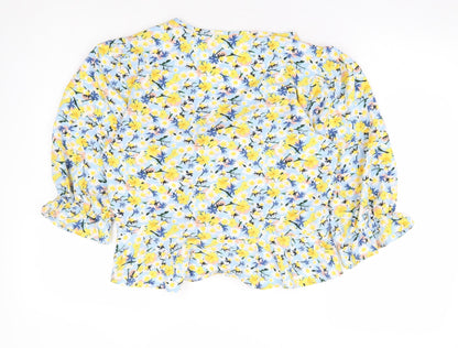 Quiz Womens Blue Floral Polyester Basic Blouse Size 14 V-Neck - Tie Front