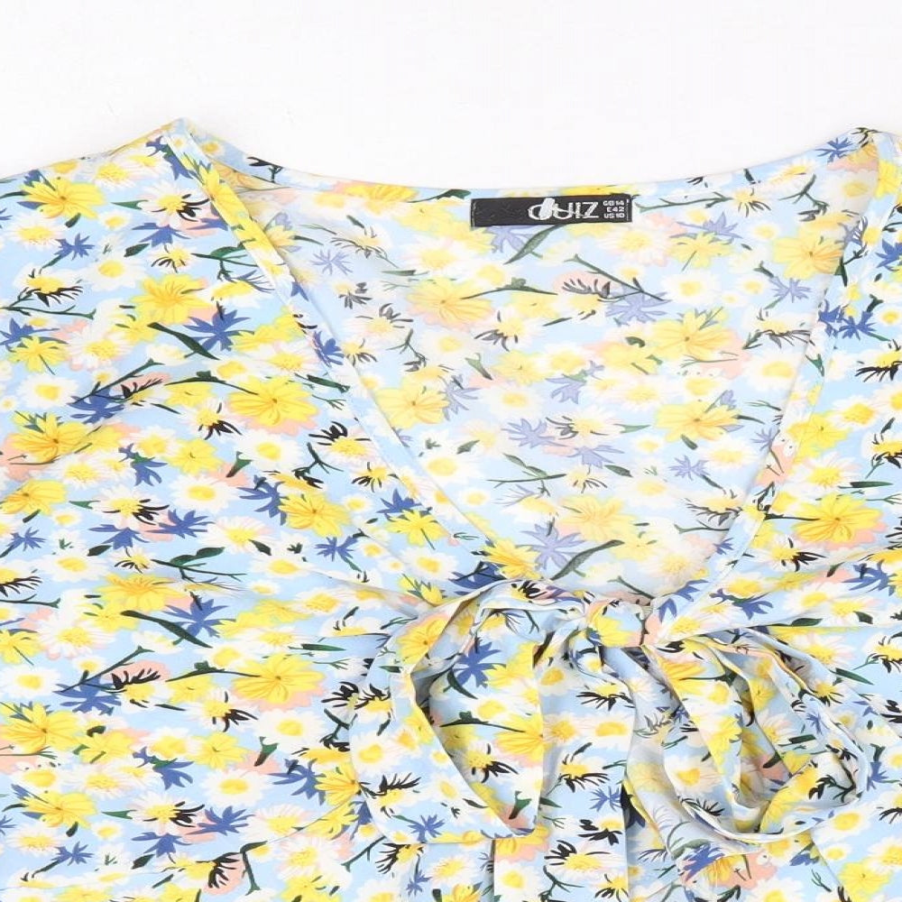 Quiz Womens Blue Floral Polyester Basic Blouse Size 14 V-Neck - Tie Front
