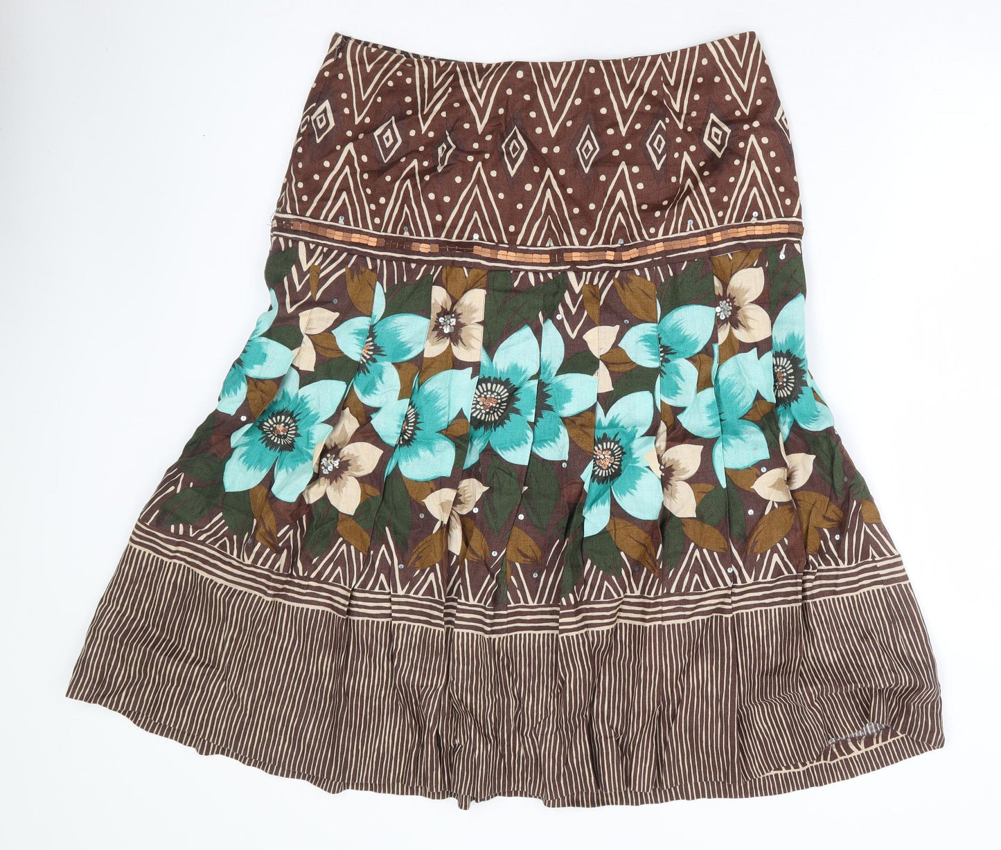 Kaliko Womens Brown Floral Linen Trumpet Skirt Size 14 Zip