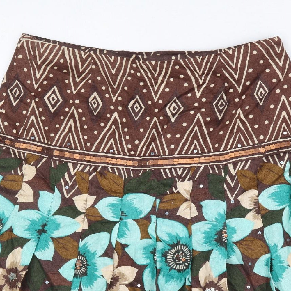 Kaliko Womens Brown Floral Linen Trumpet Skirt Size 14 Zip