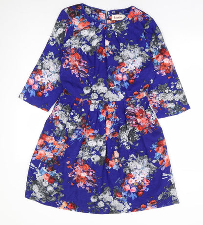 Louche Womens Blue Floral Polyester Fit & Flare Size 10 Round Neck Zip