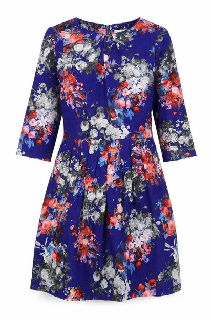 Louche Womens Blue Floral Polyester Fit & Flare Size 10 Round Neck Zip