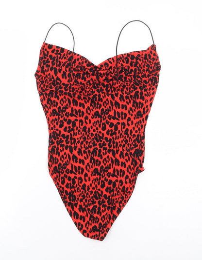 Primark Womens Red Animal Print Viscose Bodysuit One-Piece Size 6 Snap - Leopard Print