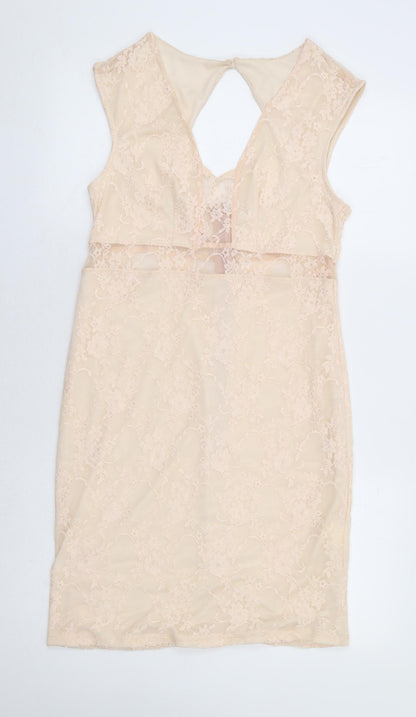 Preworn Womens Beige Floral Polyester Bodycon Size 16 V-Neck Zip