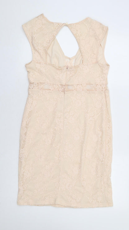 Preworn Womens Beige Floral Polyester Bodycon Size 16 V-Neck Zip