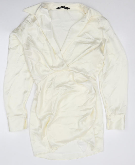 Zara Womens White Polyester Mini Size M V-Neck Zip