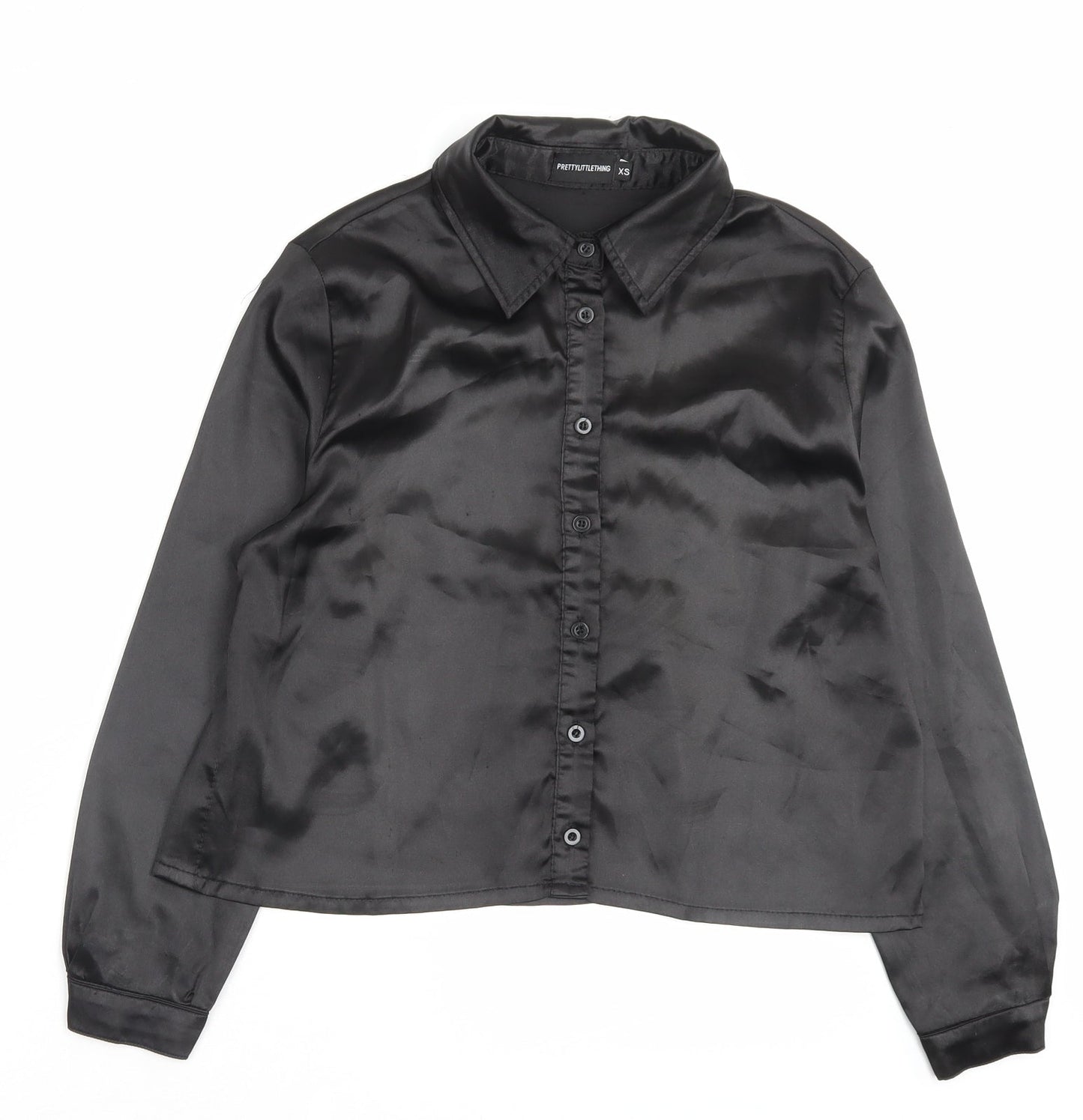 PRETTYLITTLETHING Womens Black Polyester Basic Button-Up Size XS Collared - Wet Look