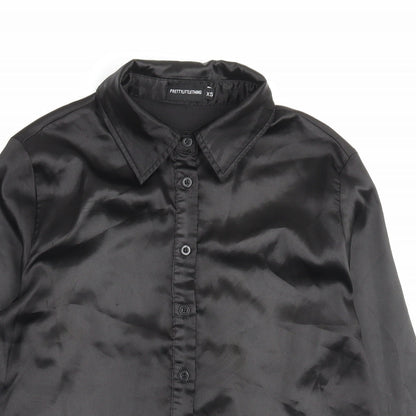 PRETTYLITTLETHING Womens Black Polyester Basic Button-Up Size XS Collared - Wet Look