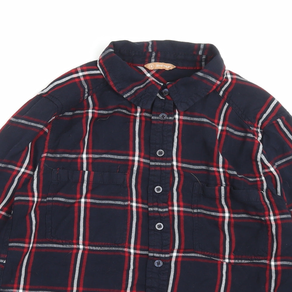 Avenue Womens Blue Plaid Viscose Basic Button-Up Size 8 Collared