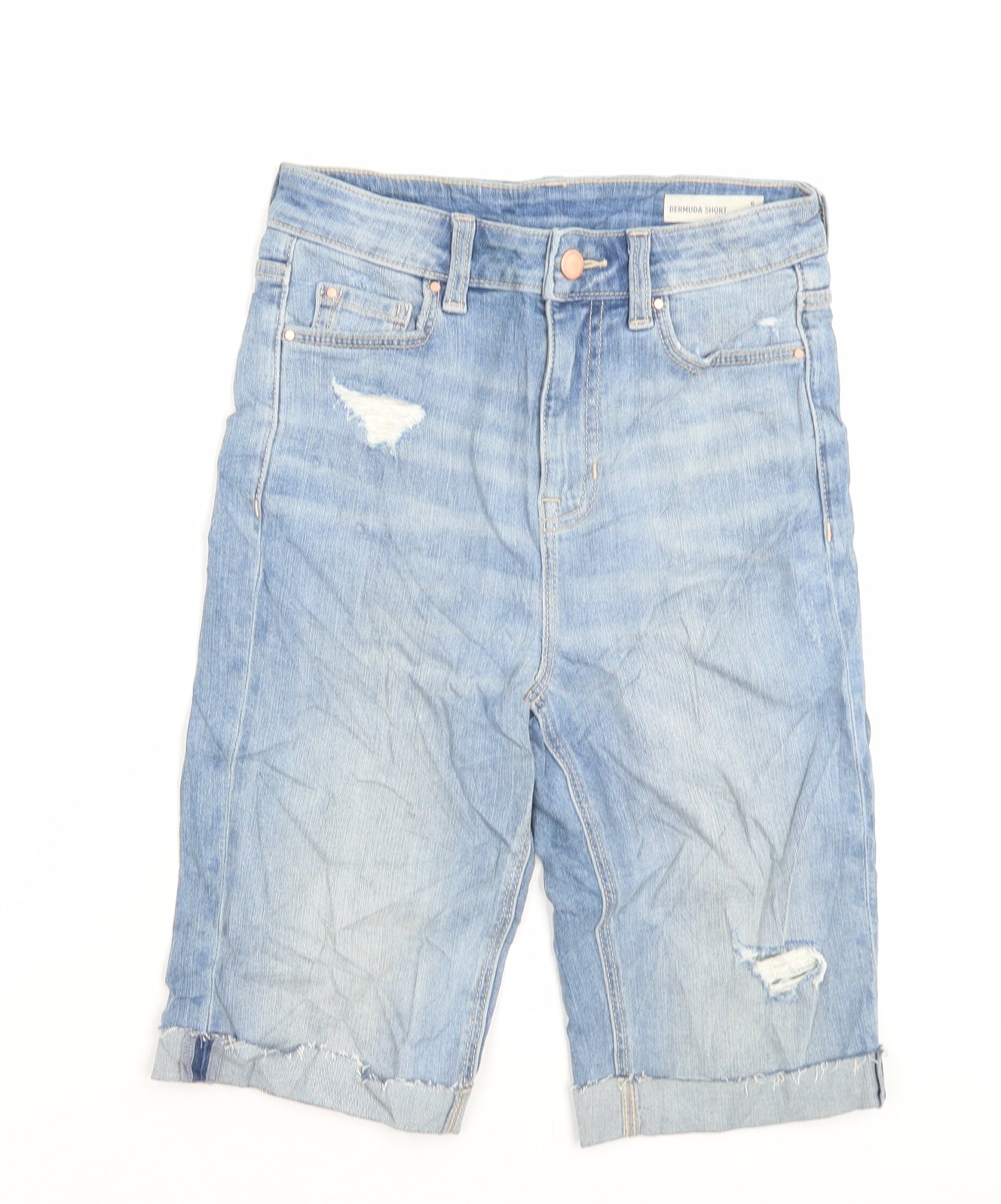 Marks and Spencer Womens Blue Cotton Bermuda Shorts Size 6 L10 in Regular Button - Distressed Shorts