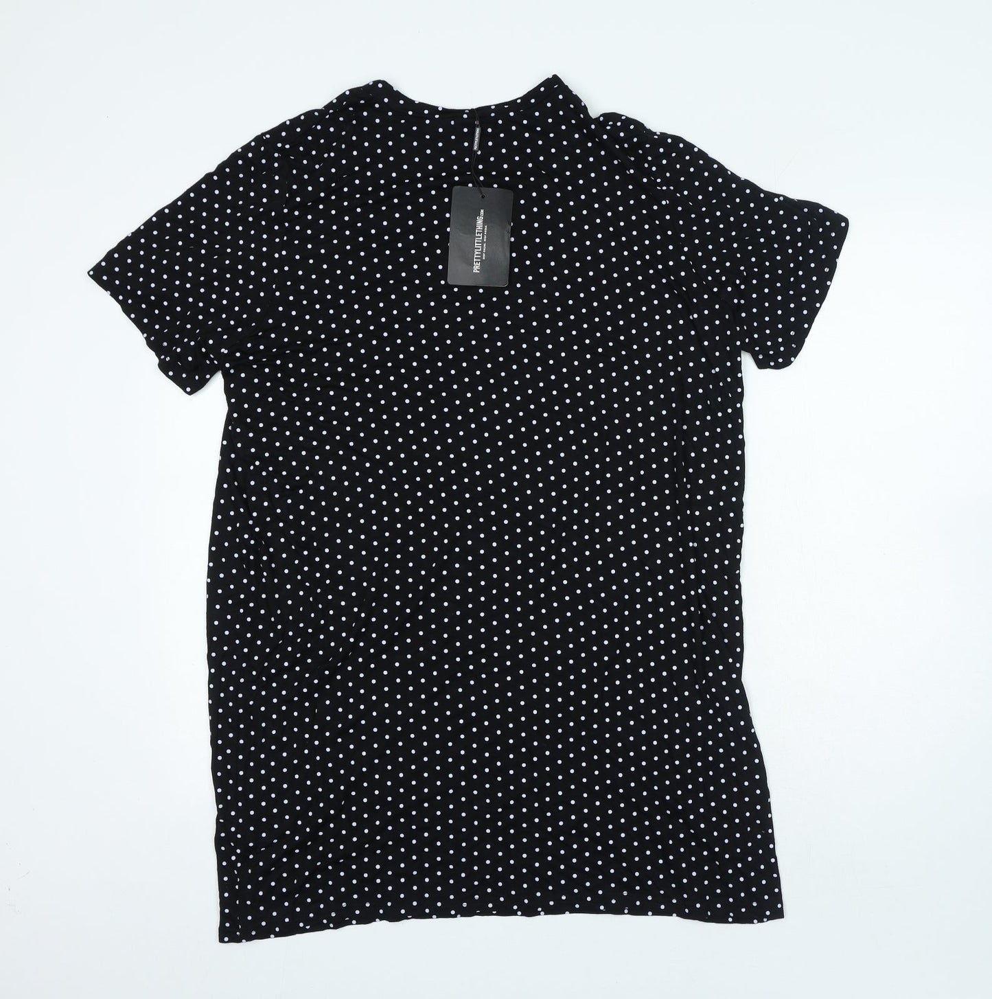 PRETTYLITTLETHING Womens Black Polka Dot Viscose Slip Dress Size 12 Roll Neck Pullover