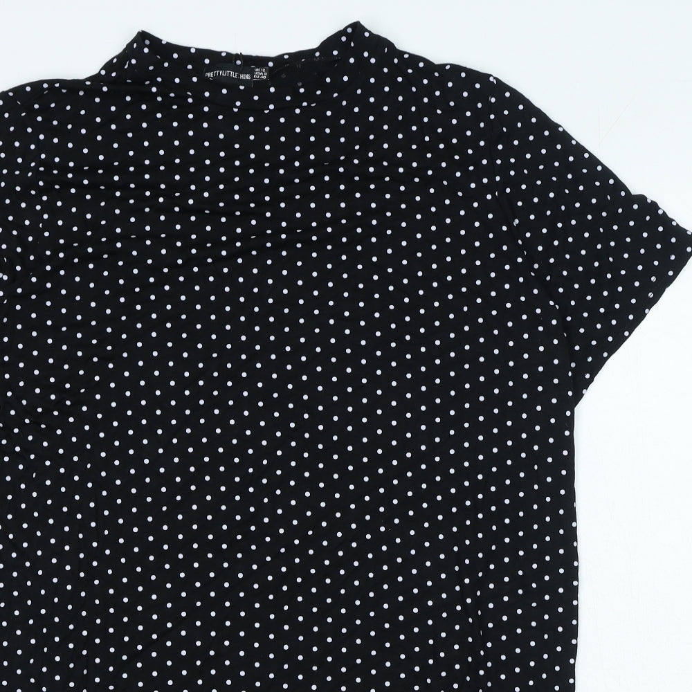 PRETTYLITTLETHING Womens Black Polka Dot Viscose Slip Dress Size 12 Roll Neck Pullover