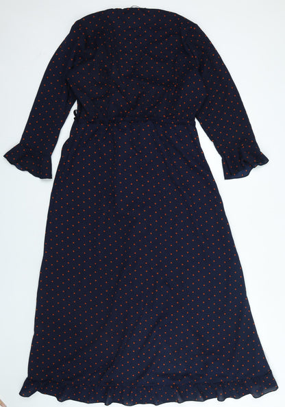 Boohoo Womens Blue Polka Dot Polyester Wrap Dress Size 14 V-Neck Tie