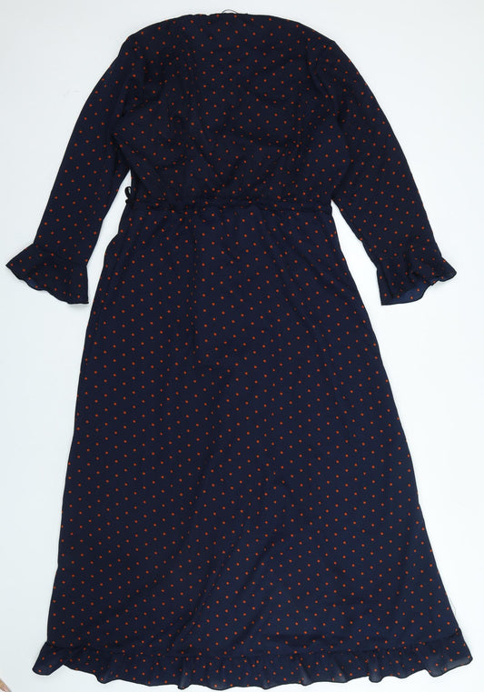 Boohoo Womens Blue Polka Dot Polyester Wrap Dress Size 14 V-Neck Tie
