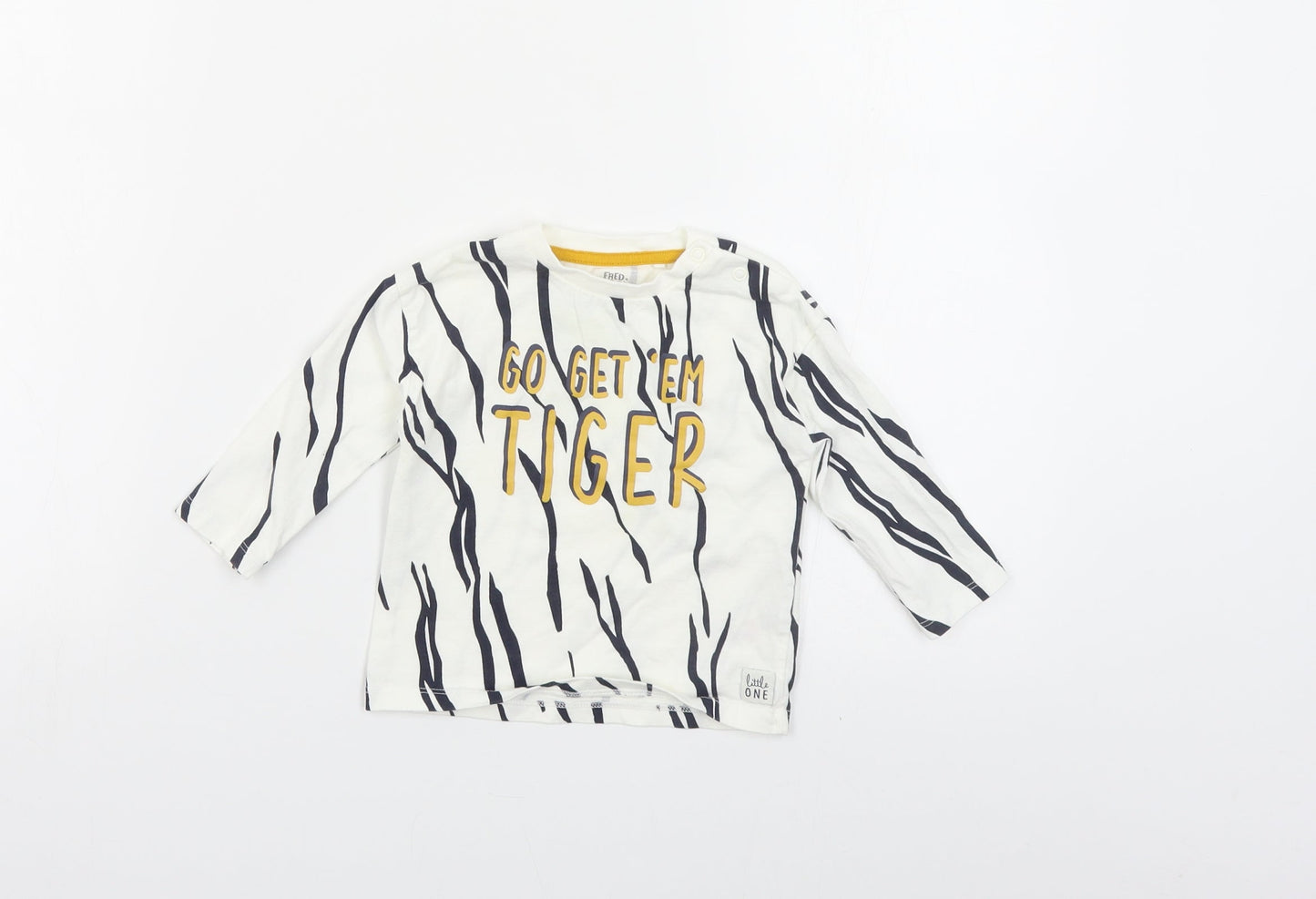 F&F Baby White Animal Print Cotton Pullover T-Shirt Size 6-9 Months Crew Neck Snap - Tiger
