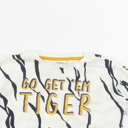F&F Baby White Animal Print Cotton Pullover T-Shirt Size 6-9 Months Crew Neck Snap - Tiger