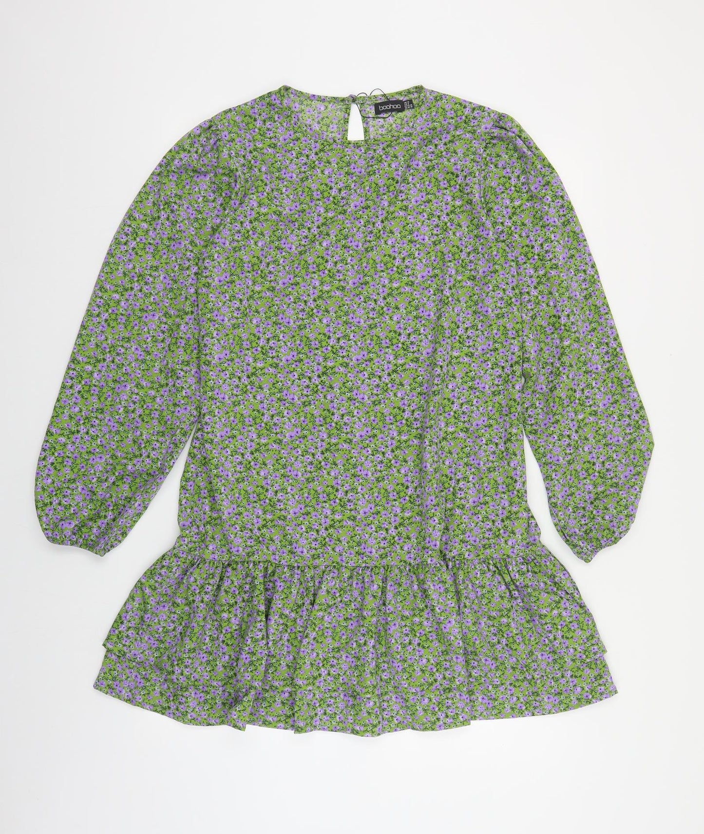 Boohoo Womens Green Floral Polyester A-Line Size 12 Round Neck Button