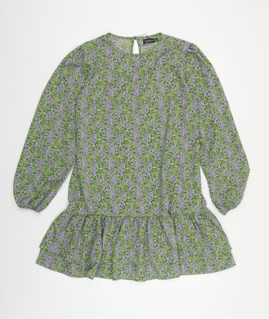 Boohoo Womens Green Floral Polyester A-Line Size 12 Round Neck Button