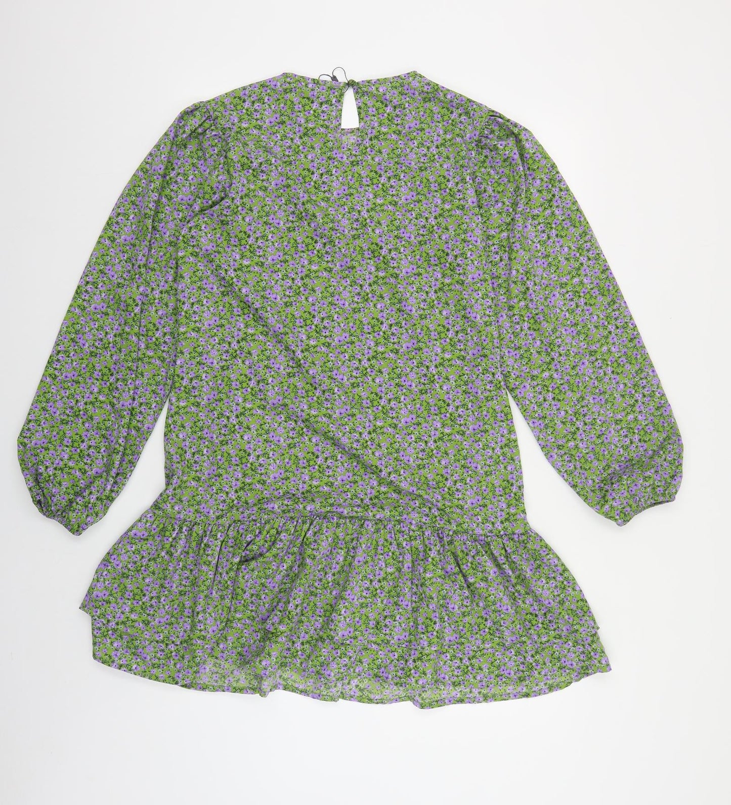 Boohoo Womens Green Floral Polyester A-Line Size 12 Round Neck Button